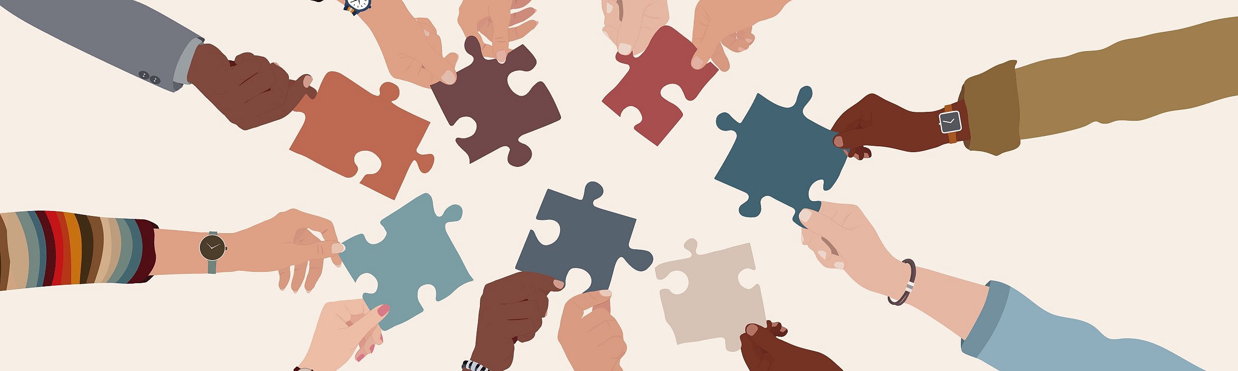 Illustration von Händen, die alle ein Puzzleteil in die Mitte halten